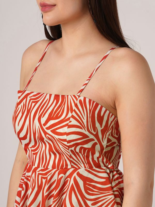 Globus Women Rust Abstract Print Square Neck Strappy Shoulder Back Tie-Up Mini Party Wear Playsuit