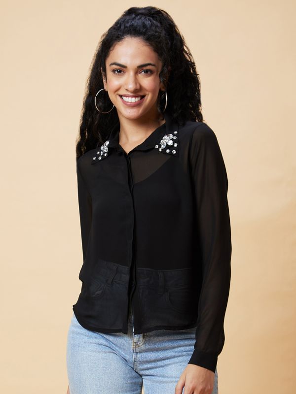 Globus Women Black Solid Sheer Studded Party Shirt Style Top