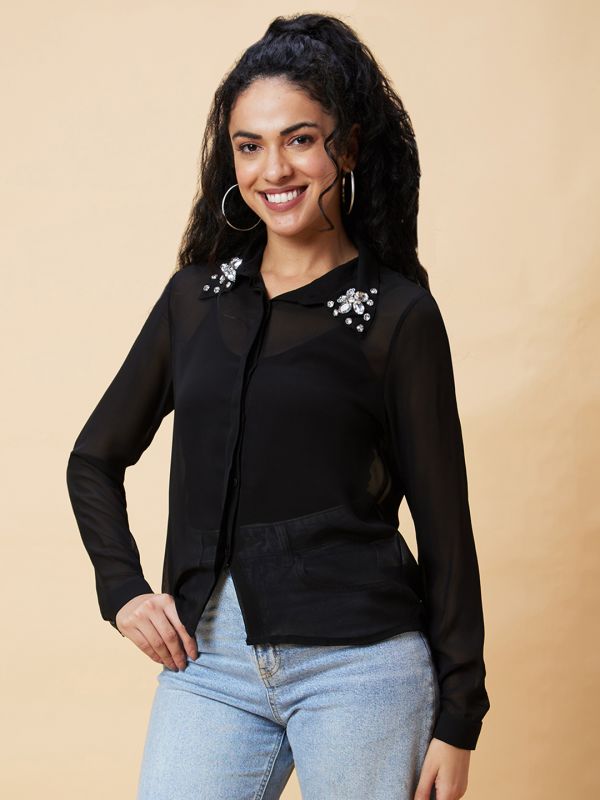 Globus Women Black Solid Sheer Studded Party Shirt Style Top
