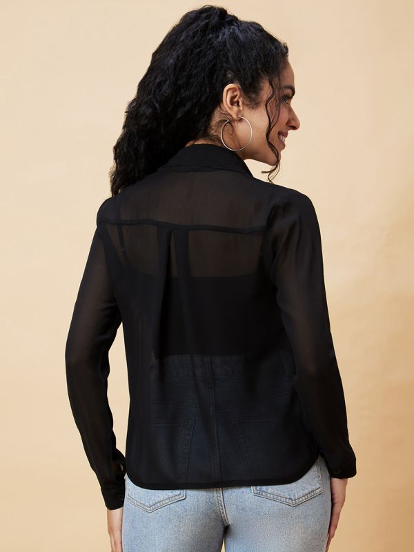 Globus Women Black Solid Sheer Studded Party Shirt Style Top