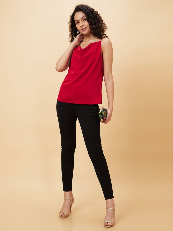Globus Women Maroon Solid Cowl Neck Party Top