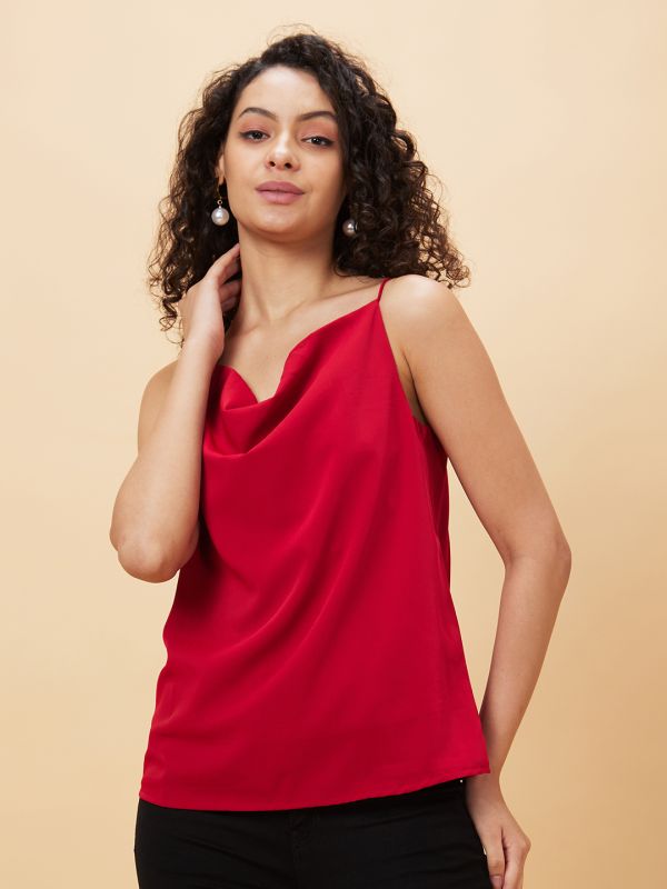 Globus Women Maroon Solid Cowl Neck Party Top
