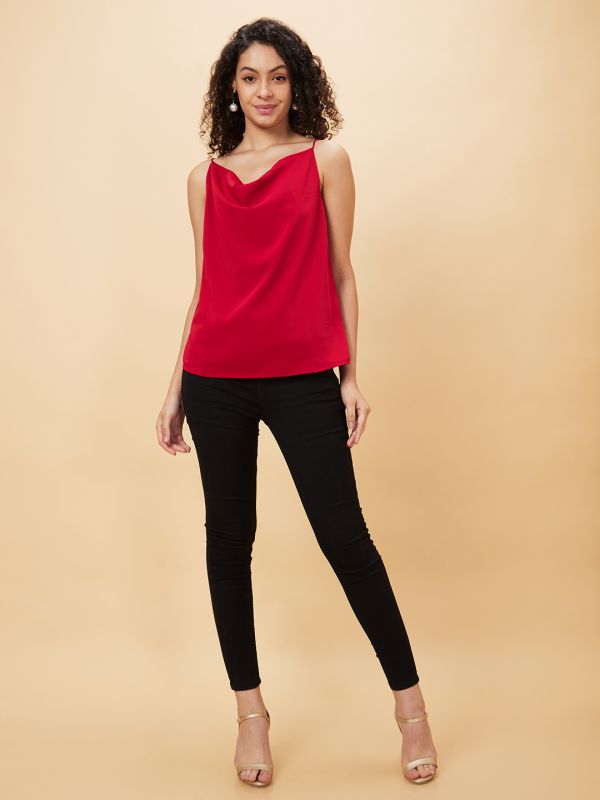 Globus Women Maroon Solid Cowl Neck Party Top