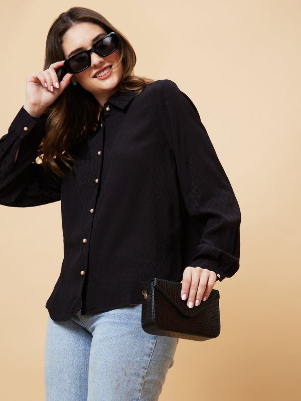 Globus Women Black Self Design Oversized Shirt Style Top