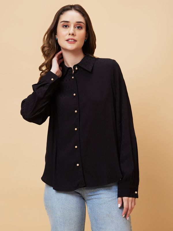 Globus Women Black Self Design Oversized Shirt Style Top