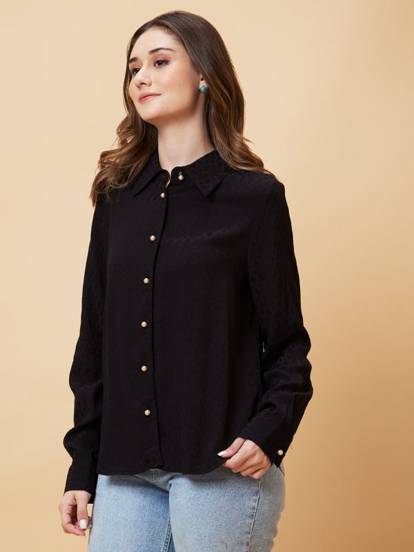 Globus Women Black Self Design Oversized Shirt Style Top
