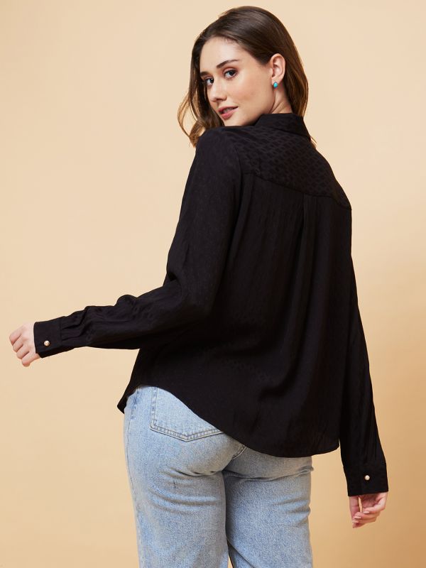 Globus Women Black Self Design Oversized Shirt Style Top