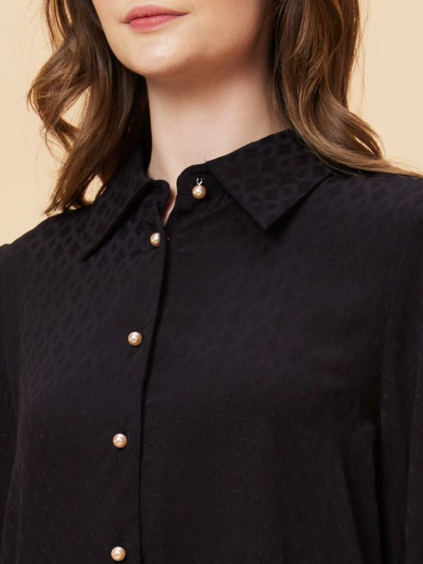 Globus Women Black Self Design Oversized Shirt Style Top