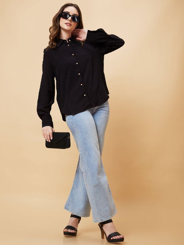 Globus Women Black Self Design Oversized Shirt Style Top