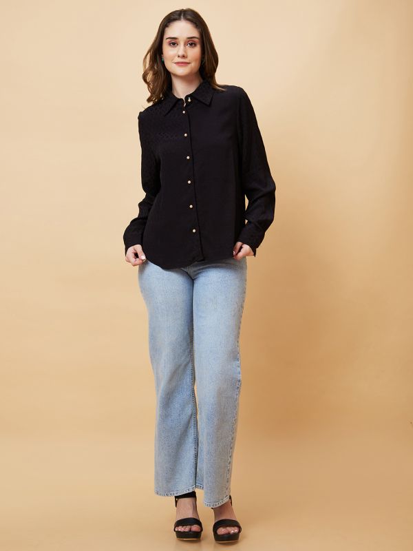 Globus Women Black Self Design Oversized Shirt Style Top