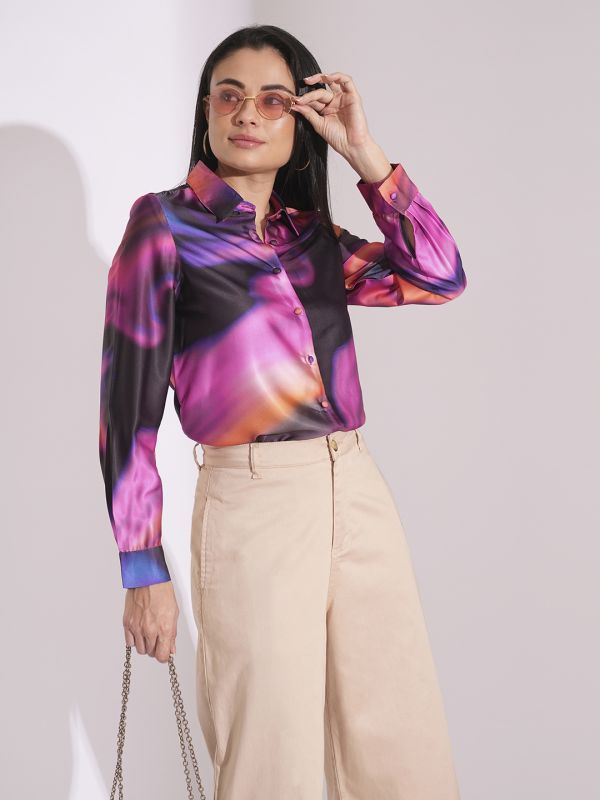 Globus Women Multi Galaxy Print Cuffed Sleeves Shirt Style Party Top