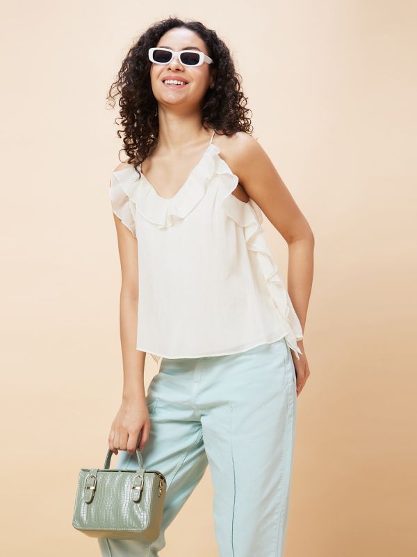 Globus Women Off White Solid Strappy V-Neck Ruffle Detailed Party Top