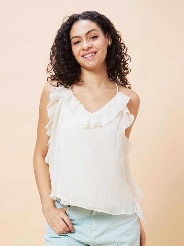 Globus Women Off White Solid Strappy V-Neck Ruffle Detailed Party Top