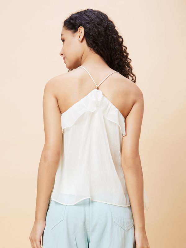 Globus Women Off White Solid Strappy V-Neck Ruffle Detailed Party Top