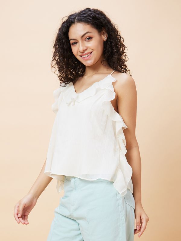 Globus Women Off White Solid Strappy V-Neck Ruffle Detailed Party Top