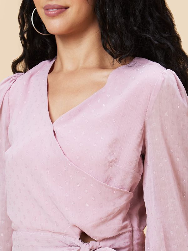 Globus Women Pink Self Design Wrap V-Neck Waist Tie-Up Party Crop Top