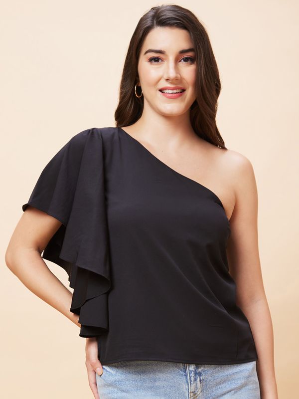 Globus Women Black Solid One Shoulder Party Top