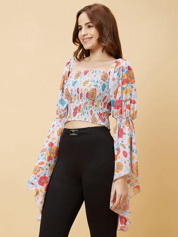 Globus Women Orange Square Neck Long Flared Sleeves Smocking Detail Floral Print Smocked Crop Top