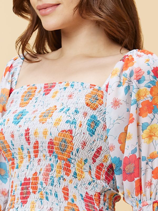 Globus Women Orange Square Neck Long Flared Sleeves Smocking Detail Floral Print Smocked Crop Top