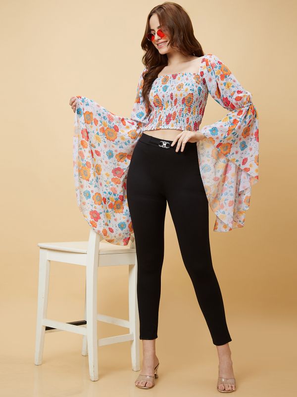 Globus Women Orange Square Neck Long Flared Sleeves Smocking Detail Floral Print Smocked Crop Top