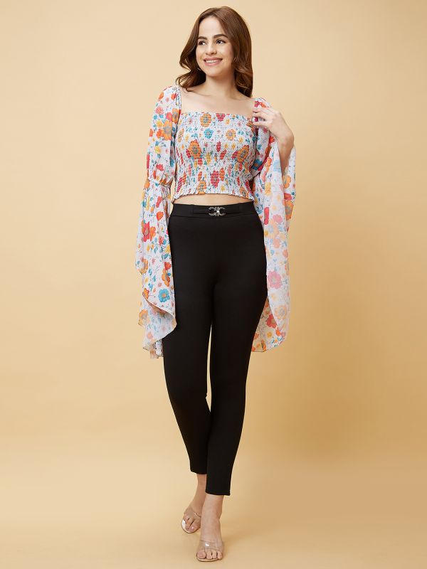Globus Women Orange Square Neck Long Flared Sleeves Smocking Detail Floral Print Smocked Crop Top
