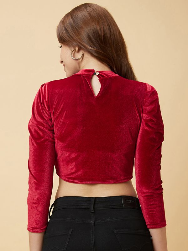 Globus Women Maroon Velvet Puff Sleeves Crop Top