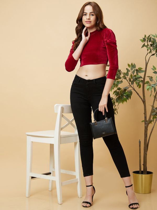Globus Women Maroon Velvet Puff Sleeves Crop Top