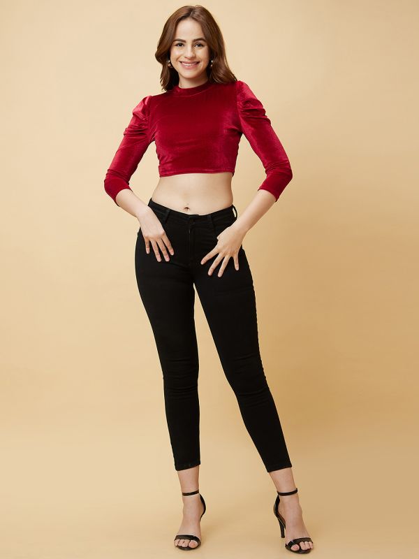 Globus Women Maroon Velvet Puff Sleeves Crop Top
