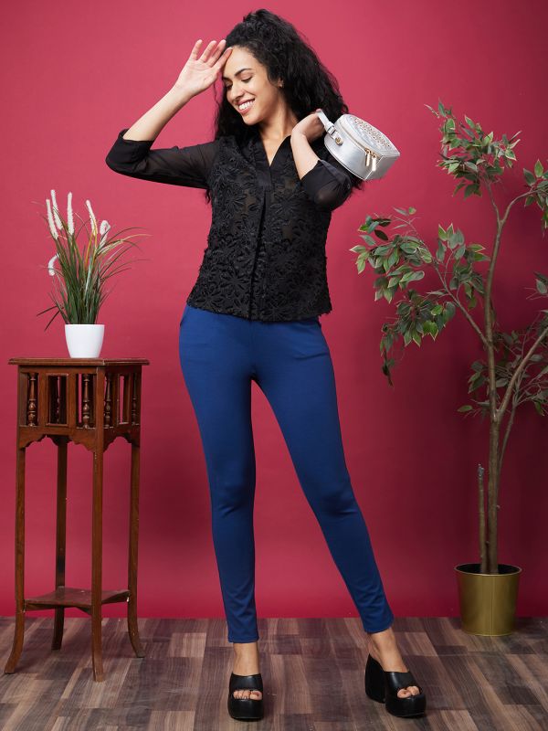 Globus Women Black Self Design V-Neck Shirt Collar Workwear Top