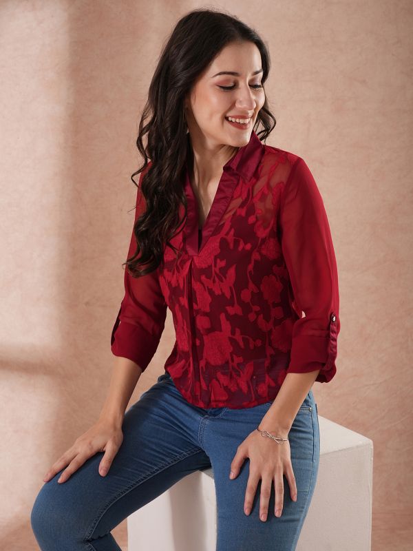 Globus Women Maroon Self-Design Floral Print V-Neck 3/4 Roll - Up Sleeveless Party Wear Top