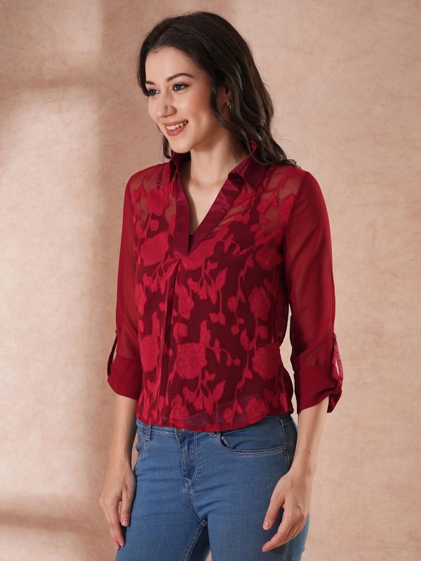 Globus Women Maroon Self-Design Floral Print V-Neck 3/4 Roll - Up Sleeveless Party Wear Top