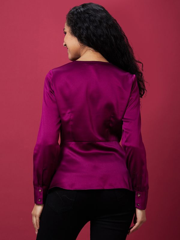 Globus Women Purple Solid Wrap V Neck Cuffed Sleeves Top