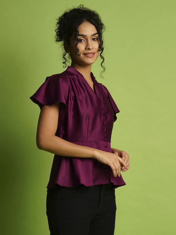 Globus Women Purple V-Neck Flutter Sleeves Peplum Party Top
