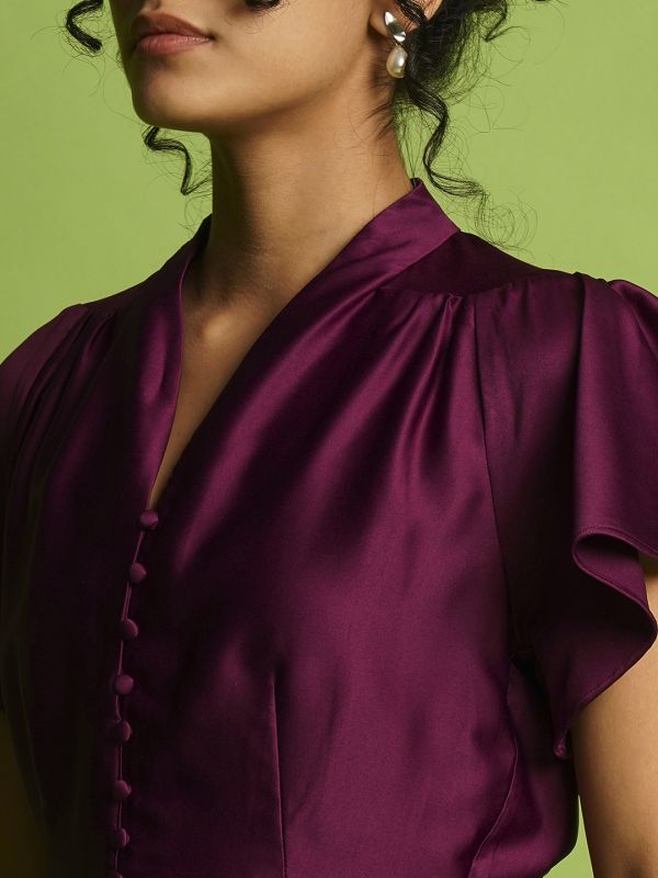 Globus Women Purple V-Neck Flutter Sleeves Peplum Party Top