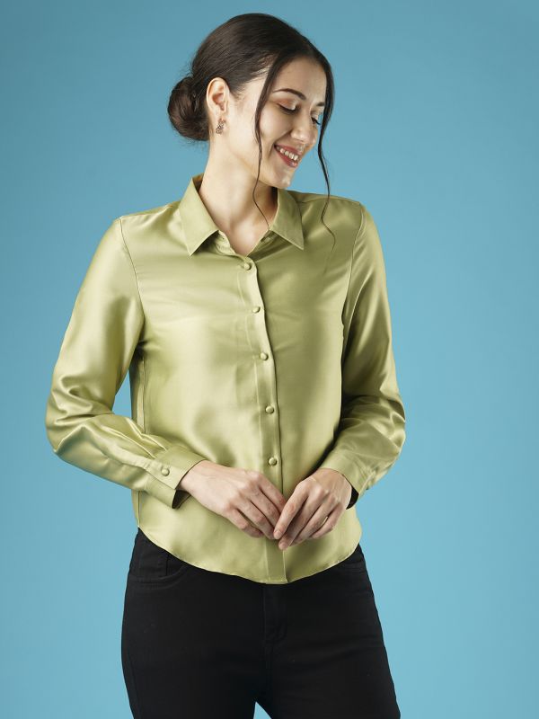 Globus Women Green Cuffed Sleeves Solid Satin Party Shirt