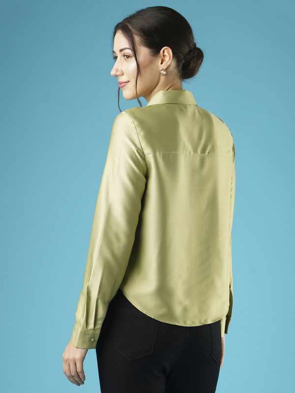 Globus Women Green Cuffed Sleeves Solid Satin Party Shirt