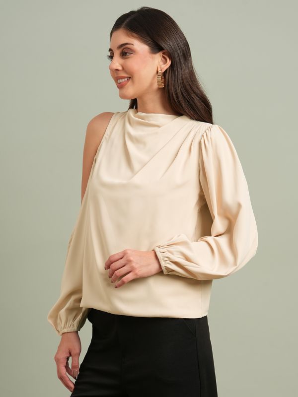 Globus Women Khaki Cowl Neck Cold Shoulder Bishop Sleeves Solid Pleat Detail Party Top