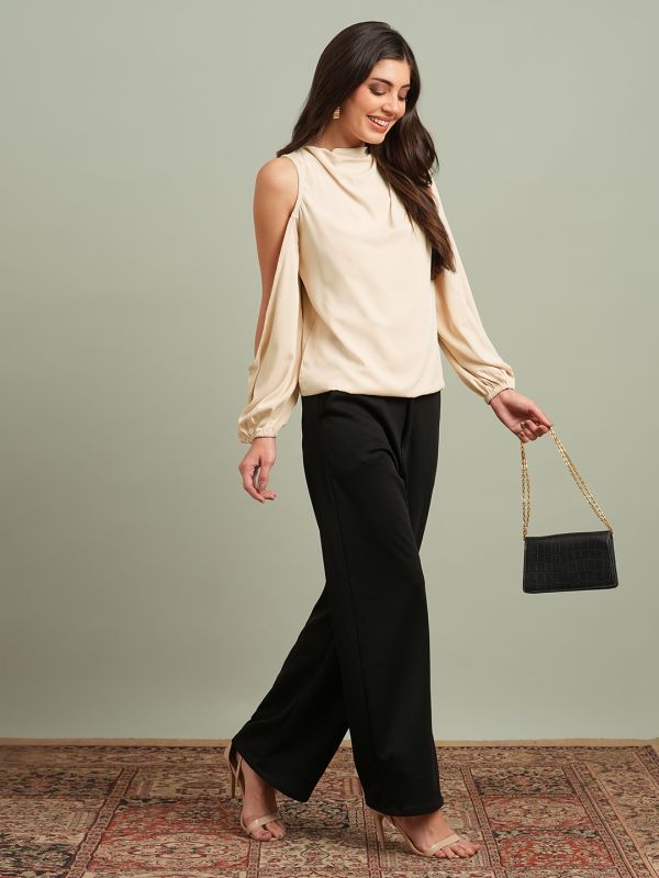 Globus Women Khaki Cowl Neck Cold Shoulder Bishop Sleeves Solid Pleat Detail Party Top