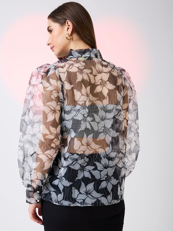 Globus Women Black Collared Neck Cuffed Sleeves Floral Print Organza Shirt Style Party Top