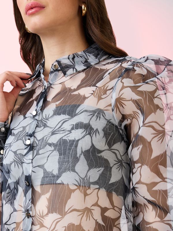 Globus Women Black Collared Neck Cuffed Sleeves Floral Print Organza Shirt Style Party Top