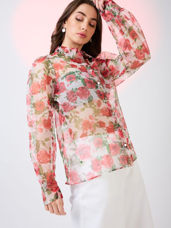 Globus Women Multi Collared Neck Cuffed Sleeves Floral Print Organza Shirt Style Party Top