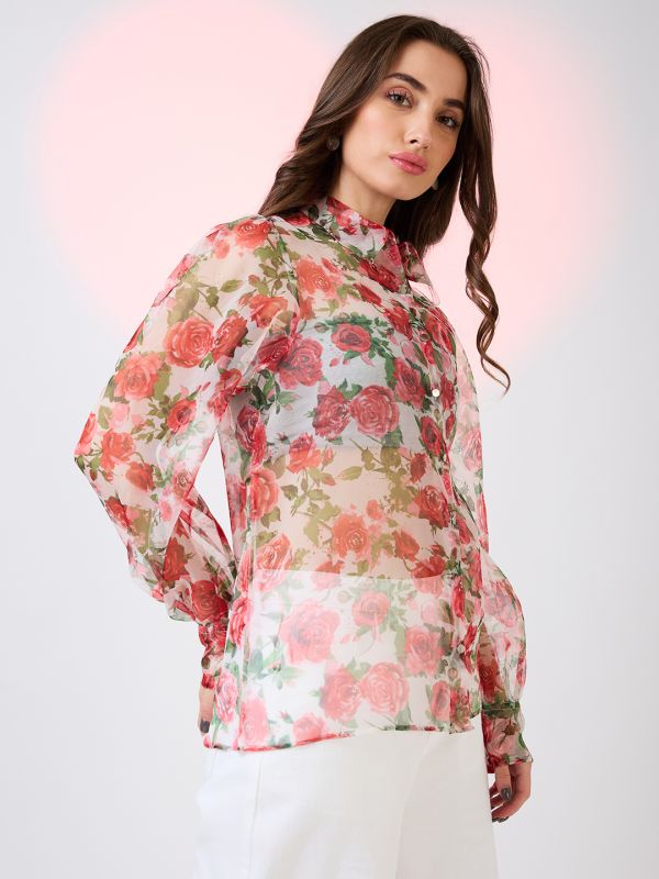 Globus Women Multi Collared Neck Cuffed Sleeves Floral Print Organza Shirt Style Party Top