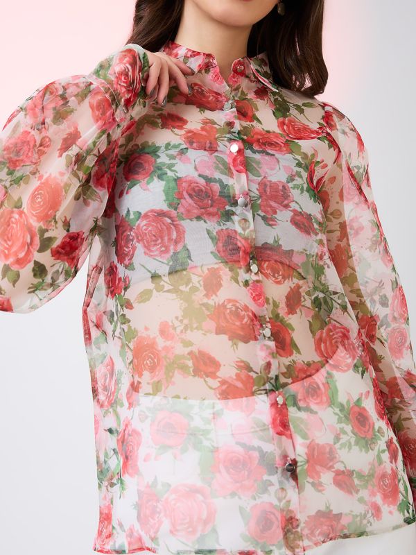 Globus Women Multi Collared Neck Cuffed Sleeves Floral Print Organza Shirt Style Party Top