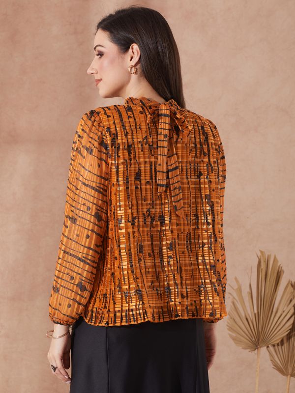 Globus Women Rust Satin Abstract Print High Neck Bishop Sleeves Accordion Pleat Party Top