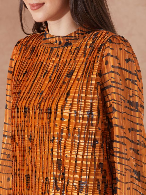 Globus Women Rust Satin Abstract Print High Neck Bishop Sleeves Accordion Pleat Party Top
