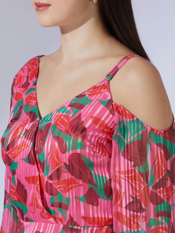 Globus Women Pink Abstract Print V-Neck One Shoulder Bishop Sleeves Peplum Party Top