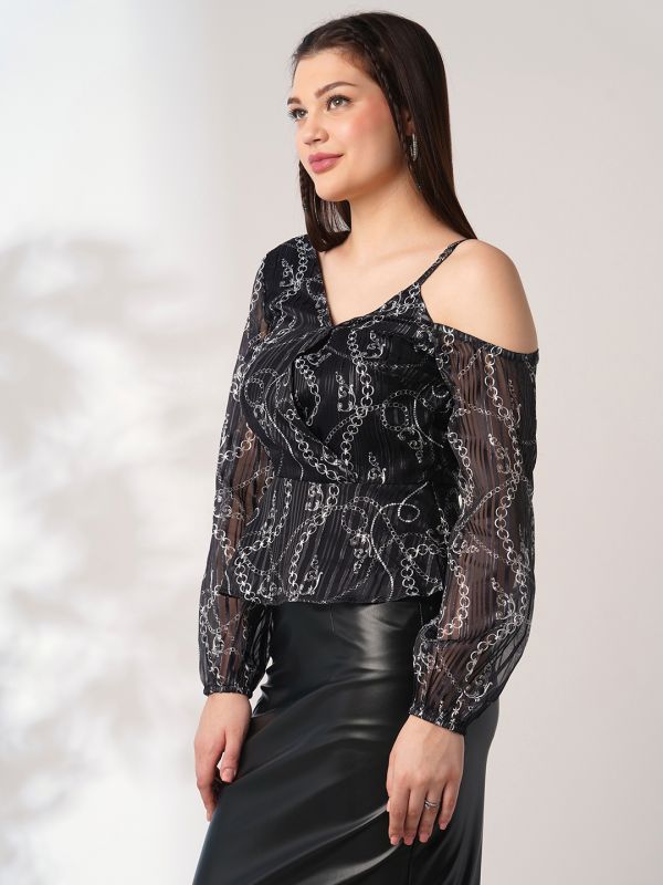 Globus Women Black Abstract Print V-Neck One Shoulder Bishop Sleeves Peplum Party Top