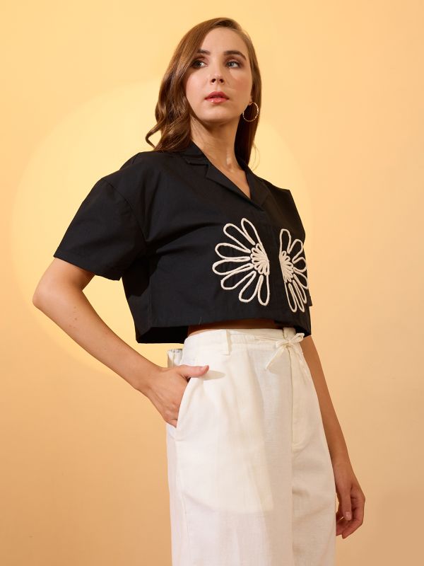 Globus Women Black Floral Embroidered Notch Lapel Collar Boxy Fit Resort Crop Shirt