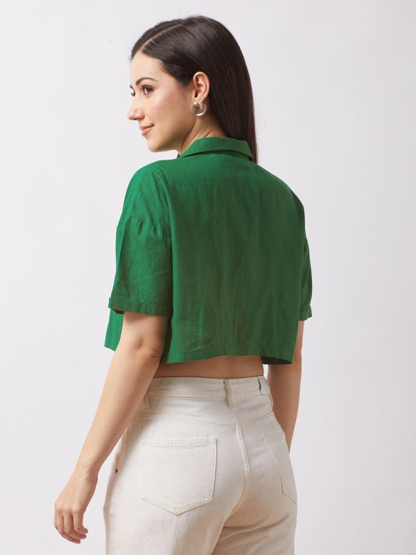 Globus Women Green Notch Lapel Drop Shoulder Sleeves Embroidered Detail Boxy Fit Crop Shirt