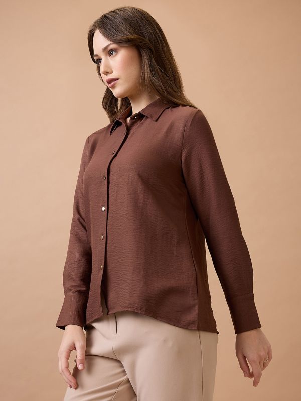 Globus Women Brown Collared Neck Cuffed Sleeves Shirt Style Workwear Top